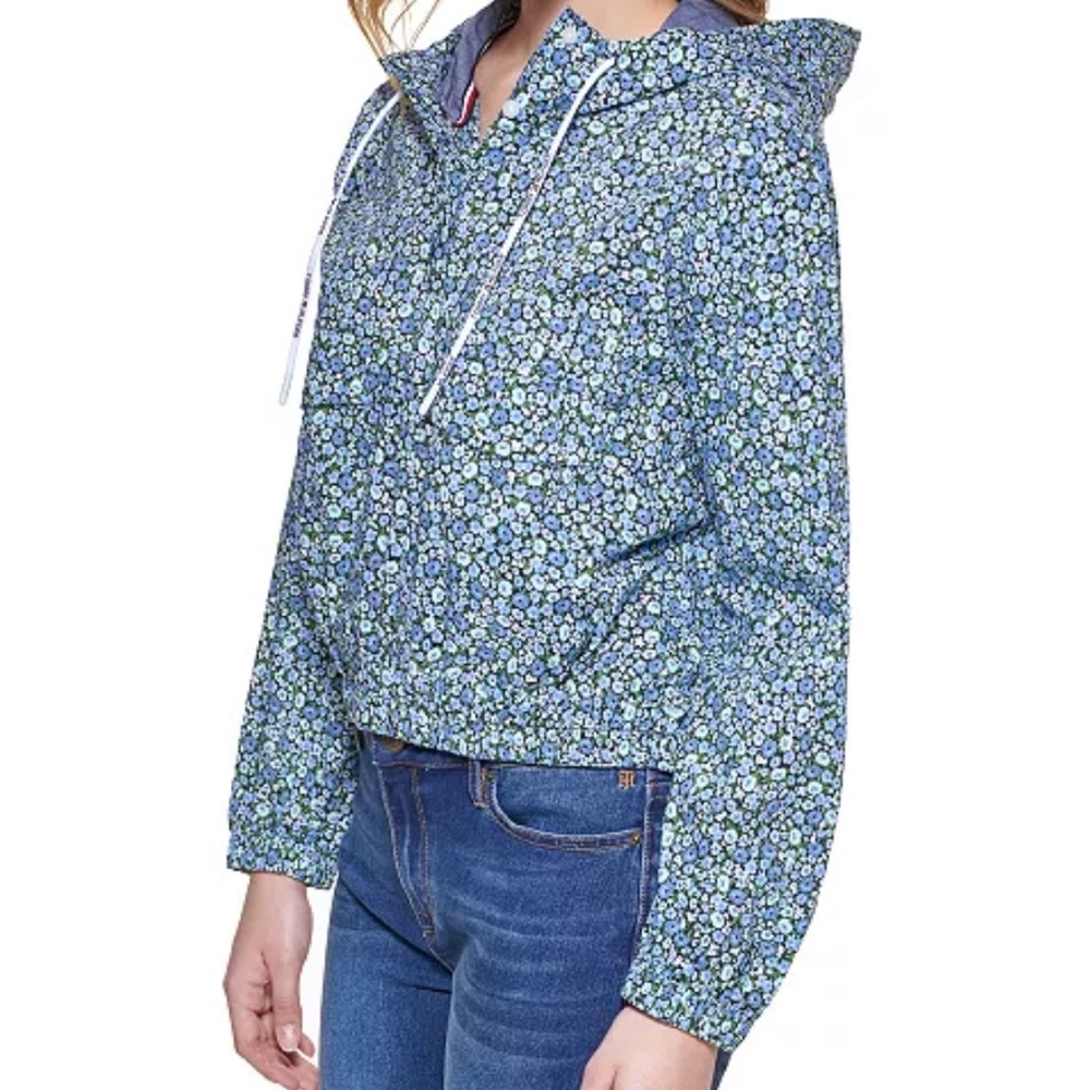 Tommy Hilfiger Printed Cotton Hoodie, Sky Cap/Mint, Size: Large